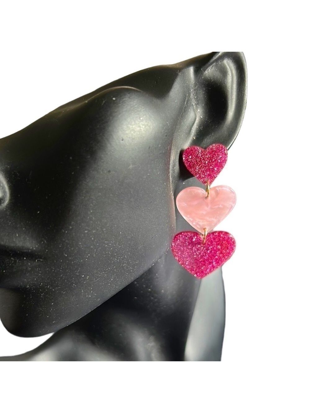 Pink Sparkle Geometric Heart Shape Dangle Pierced Earrings